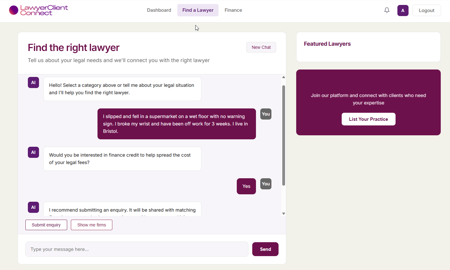 AI-powered lawyer finder chat interface