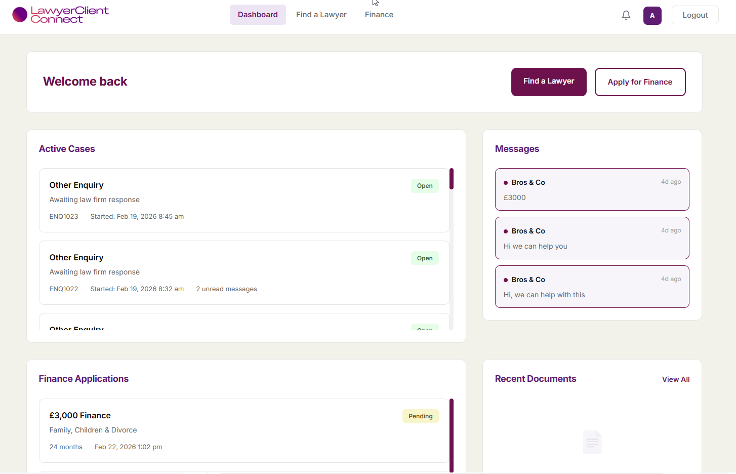 Client dashboard showing enquiries and case status