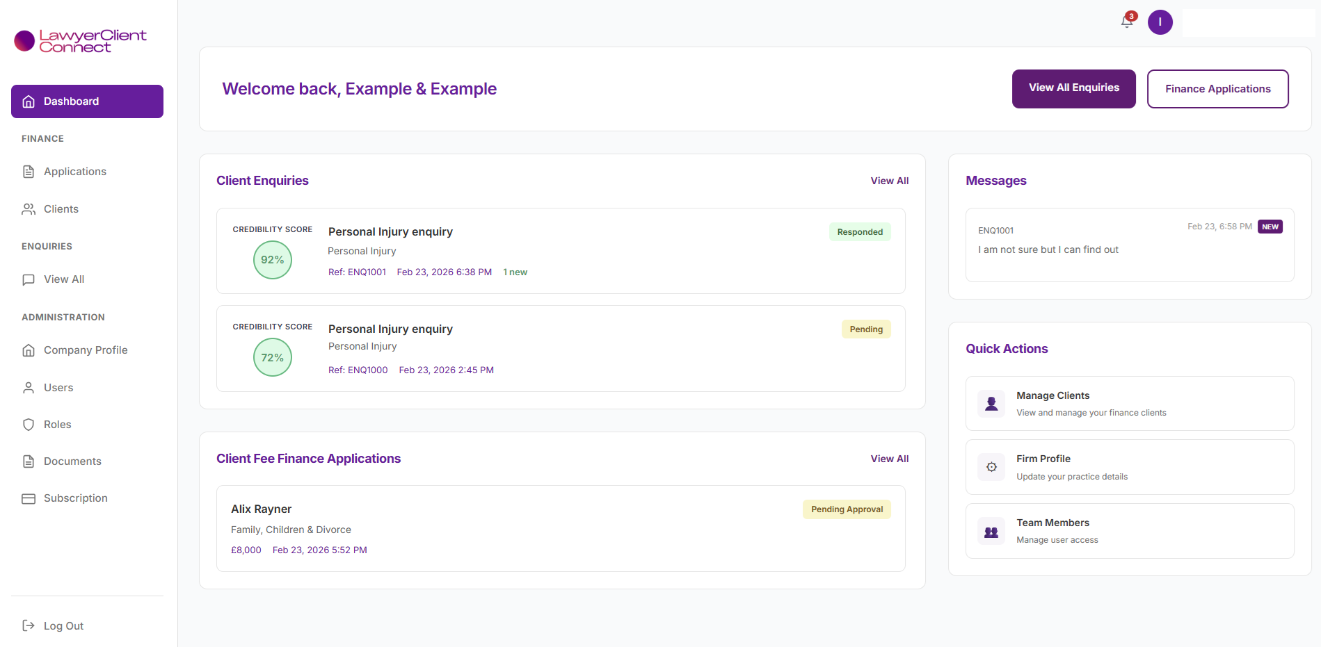 Law firm practice management dashboard showing enquiries and analytics